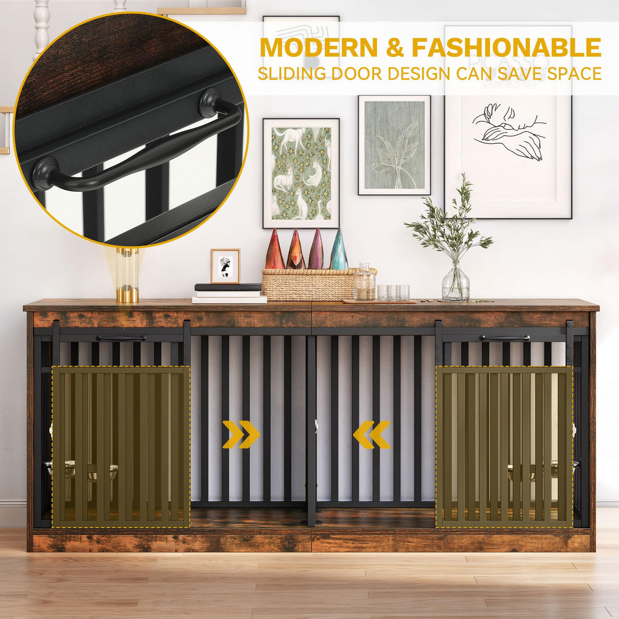 DWVO 71" Double Dog Crate Furniture for 2 Medium Dogs, Heavy Duty Wood Dual Dog Kennel TV Stand with Sliding Doors, Decorative Wooden 2 Dog Cage Table with Dog Bowls for Extra Large Dogs Rustic Brown DWVO