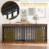 DWVO 71" Double Dog Crate Furniture for 2 Medium Dogs, Heavy Duty Wood Dual Dog Kennel TV Stand with Sliding Doors, Decorative Wooden 2 Dog Cage Table with Dog Bowls for Extra Large Dogs Rustic Brown DWVO