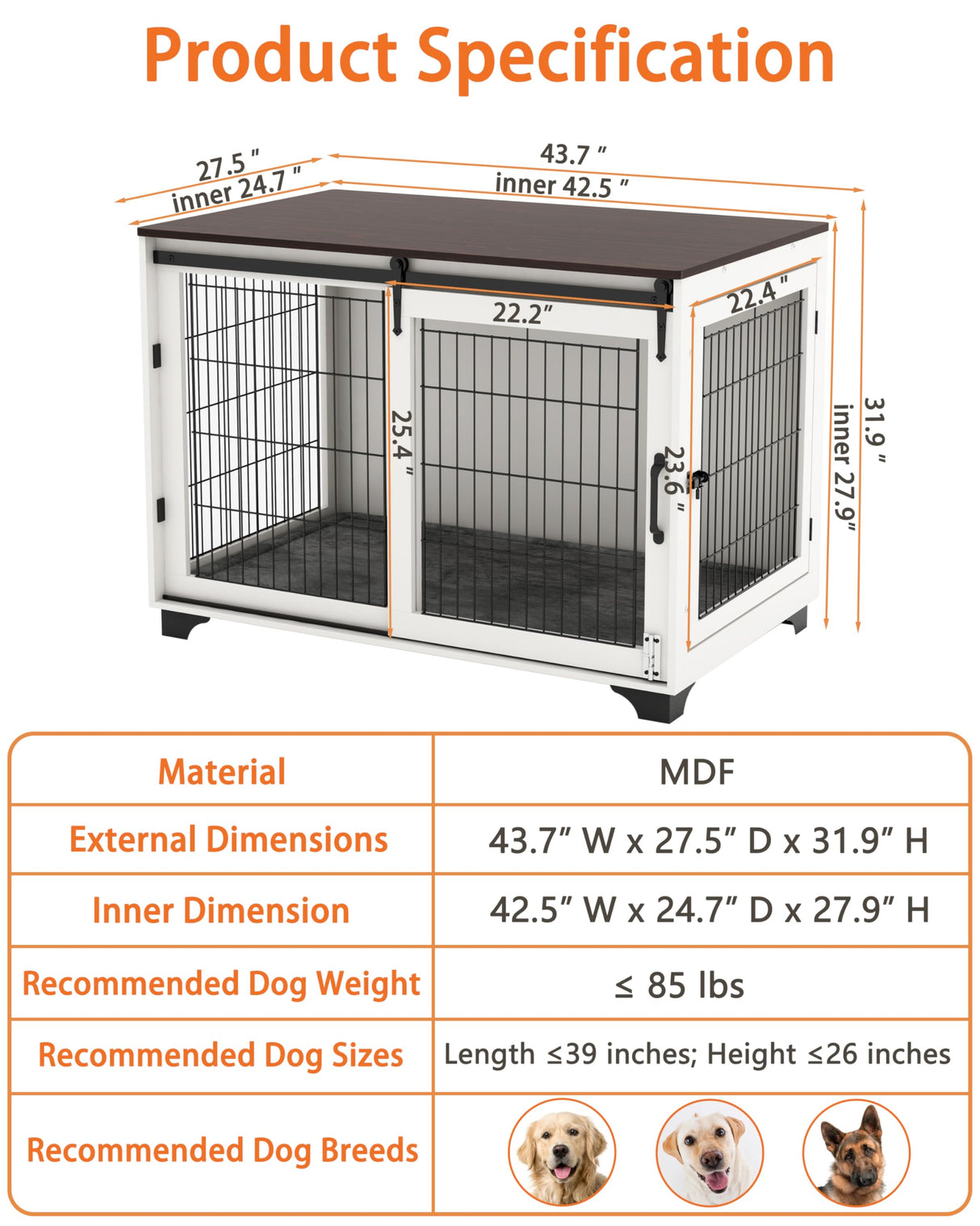 Piskyet Dog Crate Furniture Barn Door Dog Crate for Large Dogs Up to 80 lbs,Sliding Door Dog Crate Modern Decorative End Side Table Nightstand Piskyet
