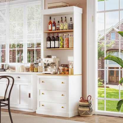 71" Tall Farmhouse Kitchen Pantry, Large Storage Cabinet with Glass Doors and Drawers, Freestanding Coffee Bar Hutch with Microwave Stand, Adjustable Shelves for Kitchen, Living Room, White 3 Pcs