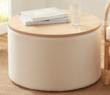 Ornavo Home 22 inch Large Round Ottoman Coffee Table Storage Ottoman with Wooden Lift Off Lid, Ottoman with Storage for Living Room, Bedroom and Office, Velvet Cream Ornavo Home