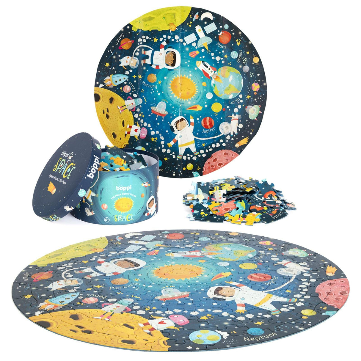 boppi Space Round Jigsaw Puzzle with 100% Recycled Card Solar System Astronauts 150 Pieces for Children 5 6 7 8 Years 58cm Diameter boppi