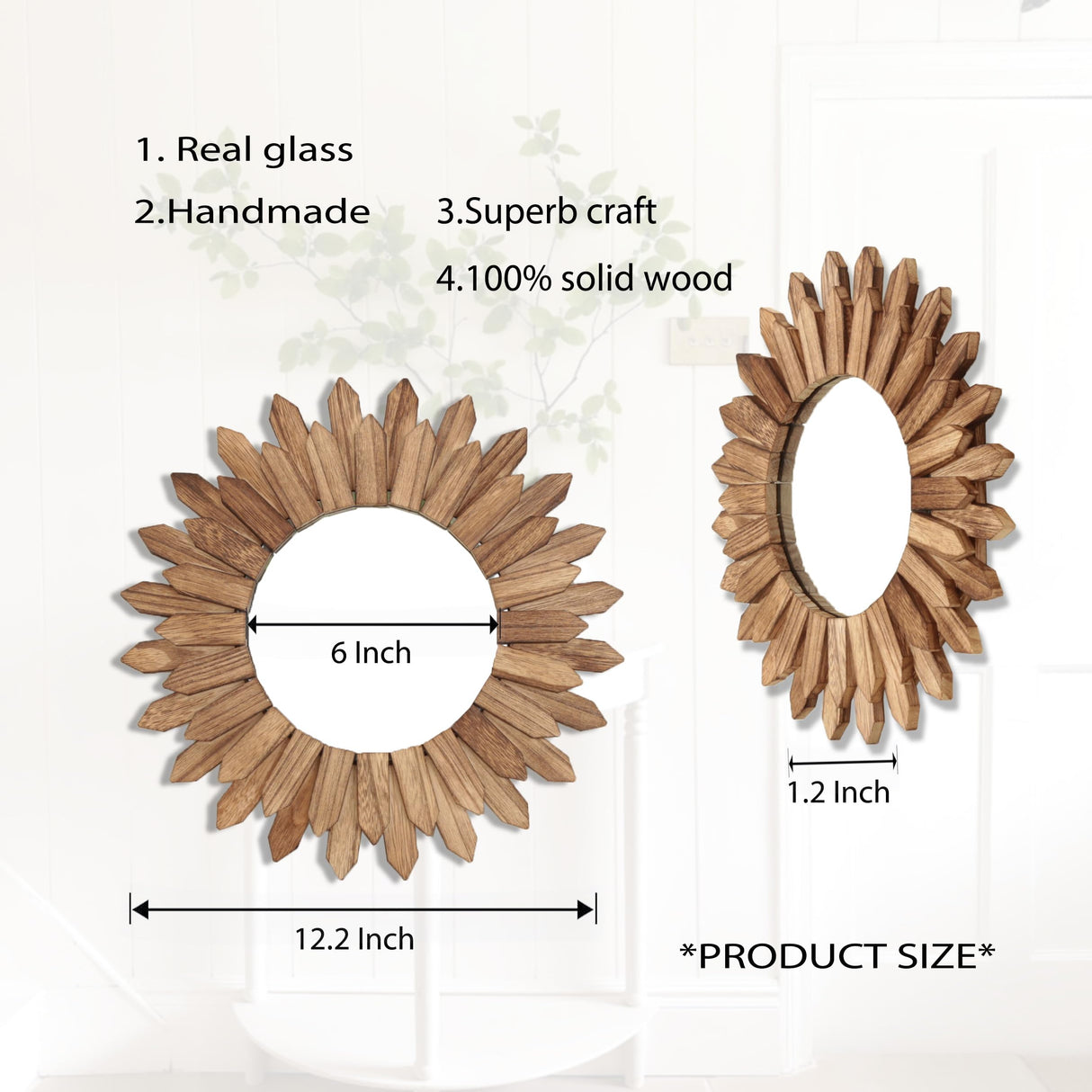 LOSOUR 2 Pack Boho Wall Decor Sunburst Mirror 12 inch Rustic Round Wood Mirror Boho Mirror Farmhouse Wall Decor for Bedroom Living Room Entryway LOSOUR