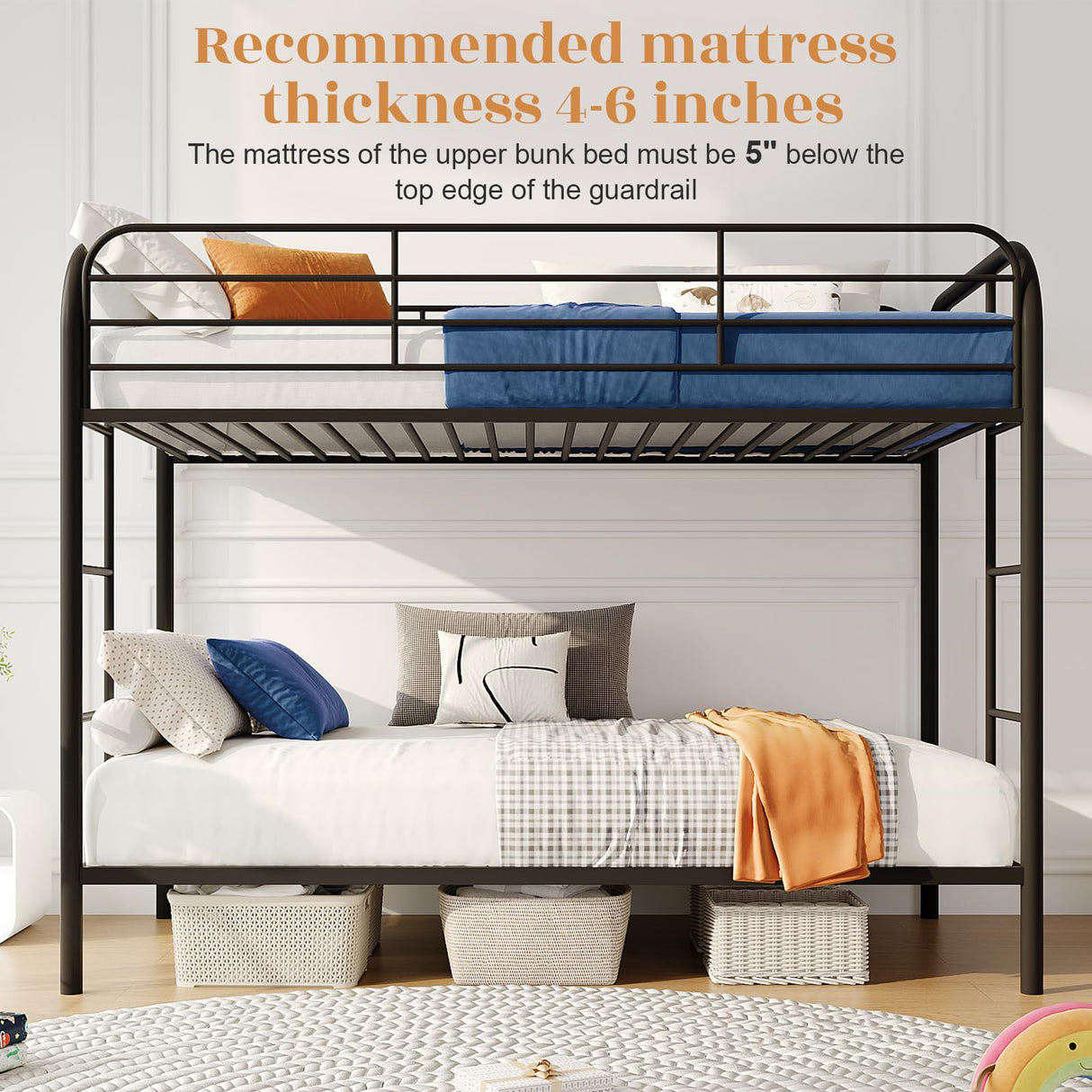 YIORTWO Metal Bunk Bed Twin Over Twin, Modern Style Bunk Bed with Curved Edges Safe Guardrail for Small Space, Loft Bed for Adults Kids Teens, Noise Free, No Box Spring Needed, Black YIORTWO