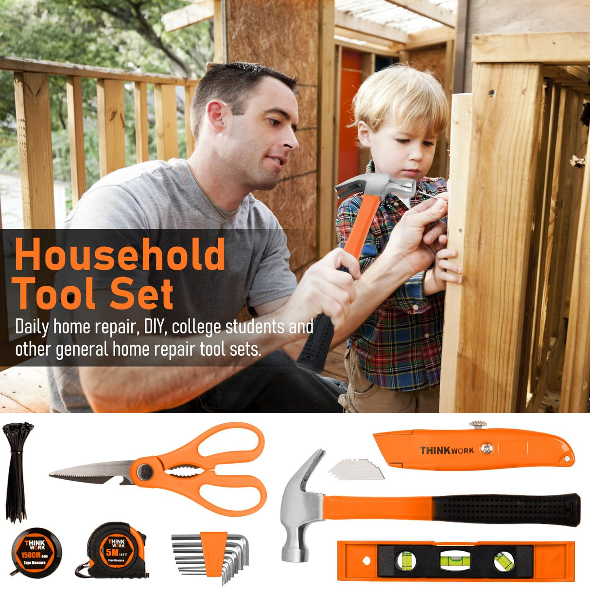 THINKWORK Tool Set - 207 Piece Portable Home Repairing Tool Kit, General Household Hand Tool Set with 13'' Wide Mouth Open Storage Tool Bag, Perfect for DIY, Home Maintenance, Handyman - Gift for Men THINKWORK