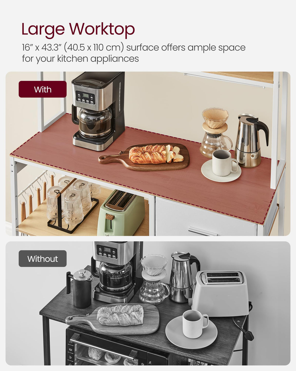 VASAGLE Bakers Rack with Charging Station, Coffee Bar Stand with Adjustable Storage Shelves, Fabric Drawer, 12 Hooks, Table for Microwave, Kitchen, Gold Oak and Cloud White UKKS028Y09 VASAGLE