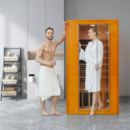 Real Relax 1-2 Persons Near Zero EMF Canadian Hemlock Wood Sauna with 1600W, 9 Chromo Therapy Lights, Oxygen Lonizer, Bluetooth, LCD Control Pannel for Home Spa Days