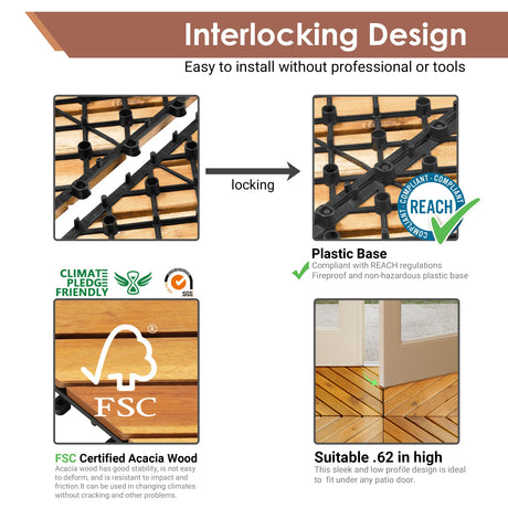 PrimeZone 108 PCS FSC Certified Acacia Wood Interlocking Patio Deck Tiles - 12" x 12" Indoor Outdoor Waterproof Flooring Tiles for Balcony, Backyard & Poolside, All Weather Use, Natural Wood, Diagonal PrimeZone