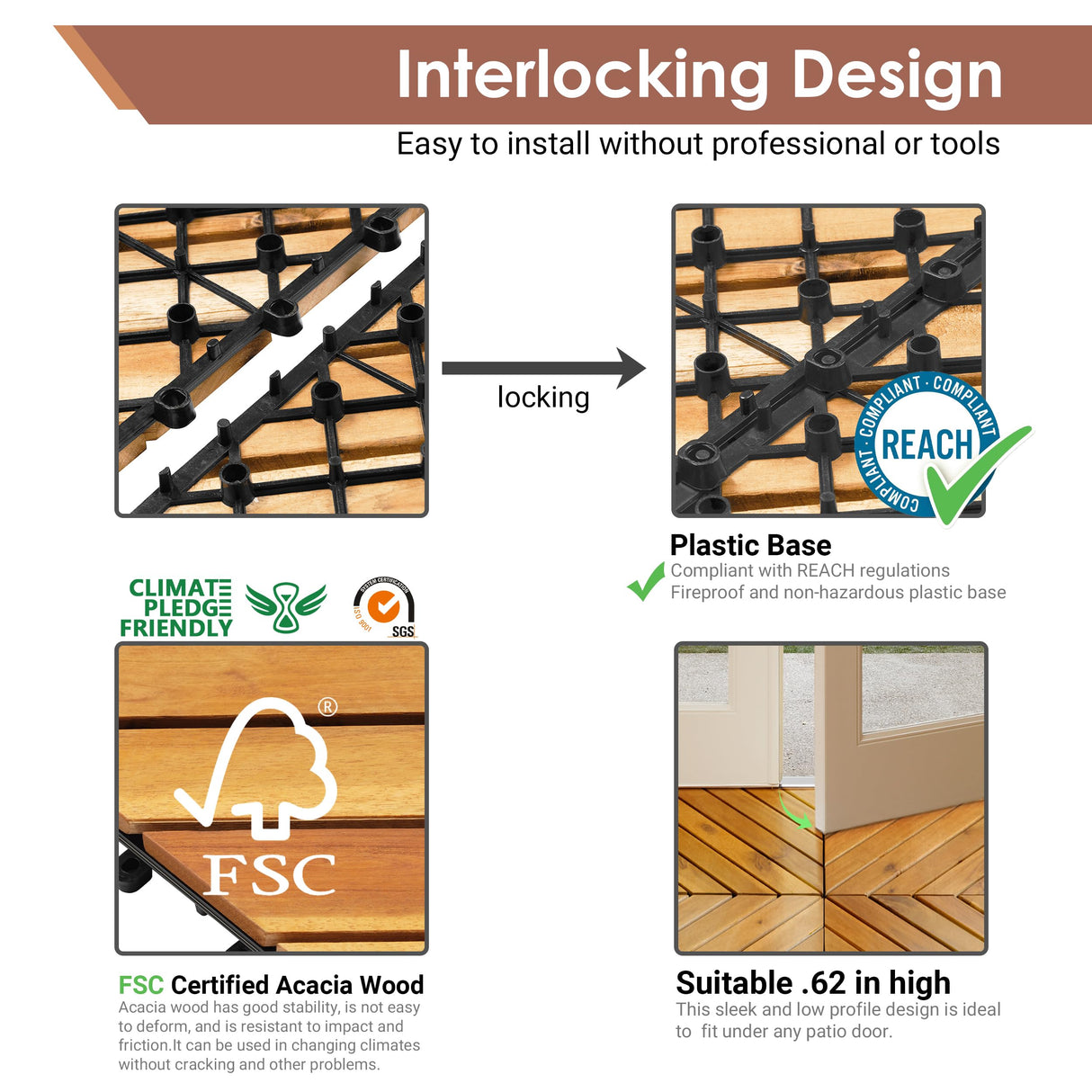 PrimeZone 27 PCS FSC Certified Acacia Wood Interlocking Patio Deck Tiles - 12" x 12" Indoor Outdoor Waterproof Flooring Tiles for Balcony, Backyard & Poolside, All Weather Use, Natural Wood, Diagonal PrimeZone