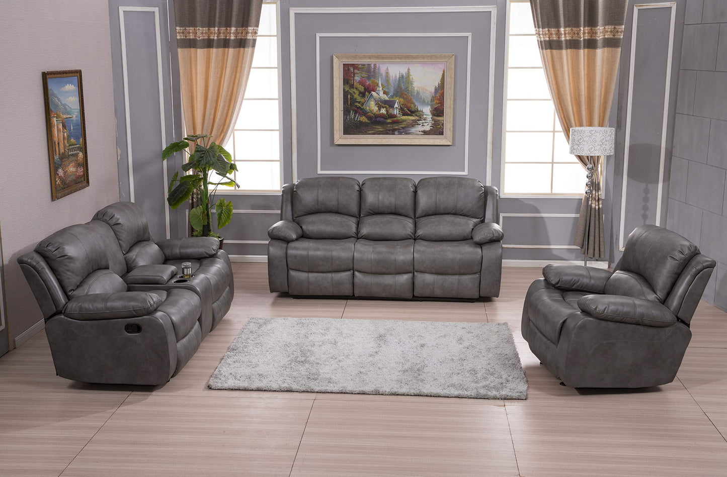 Betsy Furniture 3PC Bonded Leather Reclining Sofa Chair Set Living Room Set Sofa Loveseat Glider Chair 8018 Multiple Colors (Gray) - WoodArtSupply