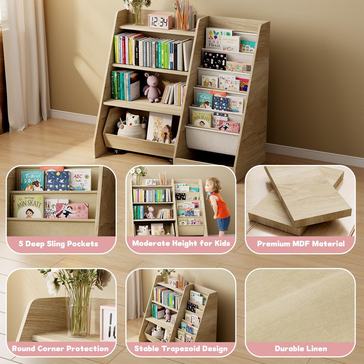 COZPAW Kids Bookshelf and Toy Storage, 4 Tier Toddler Bookshelf with Movable Drawer 5 Sling Pockets, Montessori Book Shelf for Kids Room, Playroom, Nursery (Oak) COZPAW