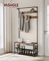 VASAGLE Hall Tree with Bench and Shoe Storage, Entryway Bench with Coat Rack Stand and Shoe Rack, 9 Movable Hooks, Top Bar, Fabric Shelves, Industrial, Rustic Brown and Black UHSR421B01 VASAGLE