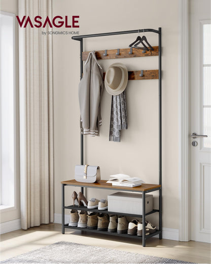 VASAGLE Hall Tree with Bench and Shoe Storage, Entryway Bench with Coat Rack Stand and Shoe Rack, 9 Movable Hooks, Top Bar, Fabric Shelves, Industrial, Rustic Brown and Black UHSR421B01 - WoodArtSupply