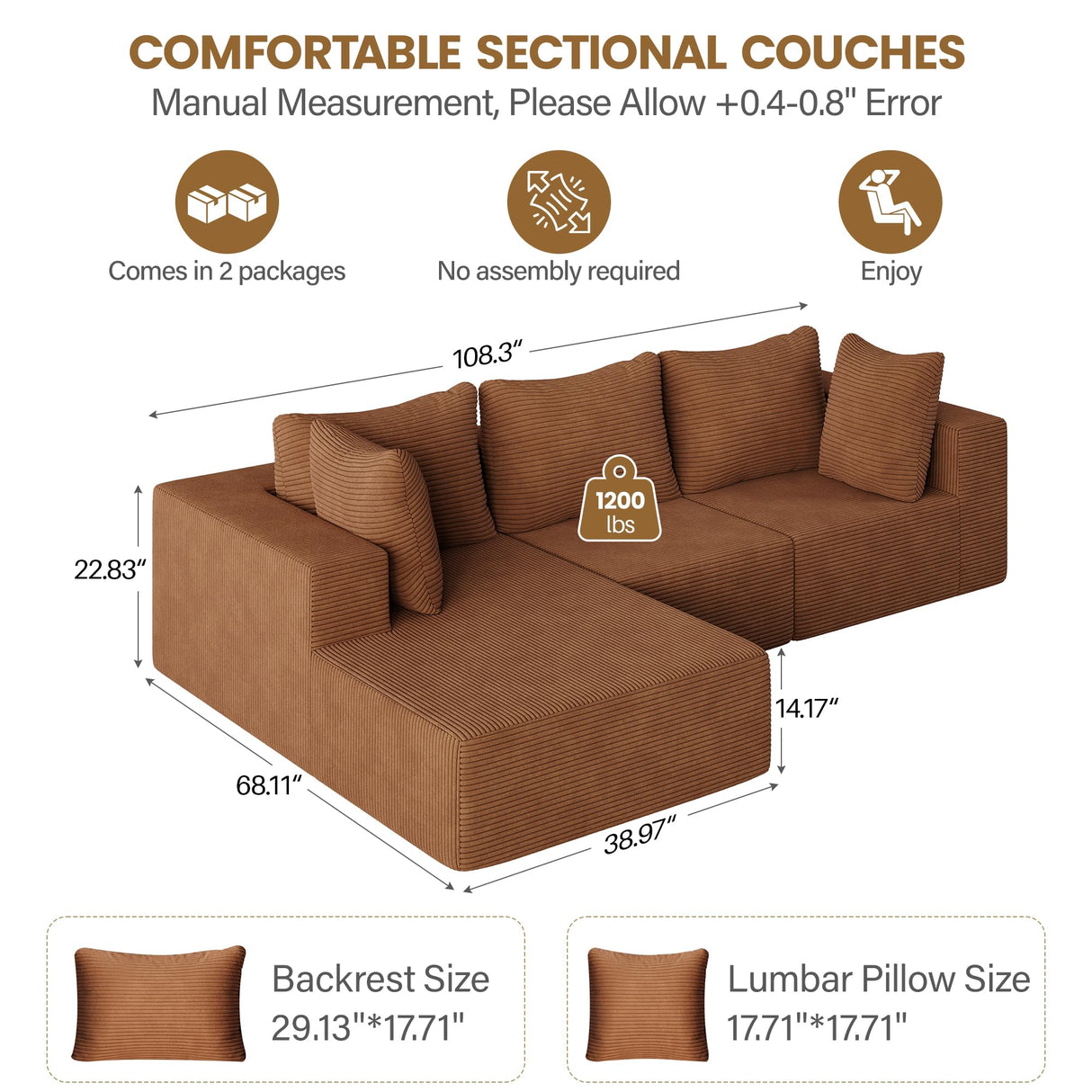 108" Modular Sectional Sofa with Oversized Chaise & Deep Seat, Comfortable High-Density Memory Foam Boneless Cloud Couch, No Assembly Required Sectional Couches for Living Room, Bedroom (Brown) Sesslife