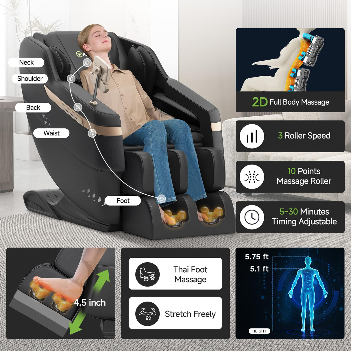Real Relax 2025 Full Body Massage Chair, Zero Gravity Shiatsu Massage Chair Recliner, Waist and Calf Heating, Foot Massage, Bluetooth, Large Control Screen (Black and Gold) Real Relax