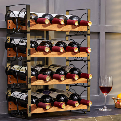 Stackable Wine Rack for 16 Bottles, 4 Tier Wine Storage Cabinet Shelf, Freestanding Wine Organizer with Patent Design, Wooden & Iron Bottles Holder for Kitchen Counter or Bar, Wine Display Shelf X-cosrack