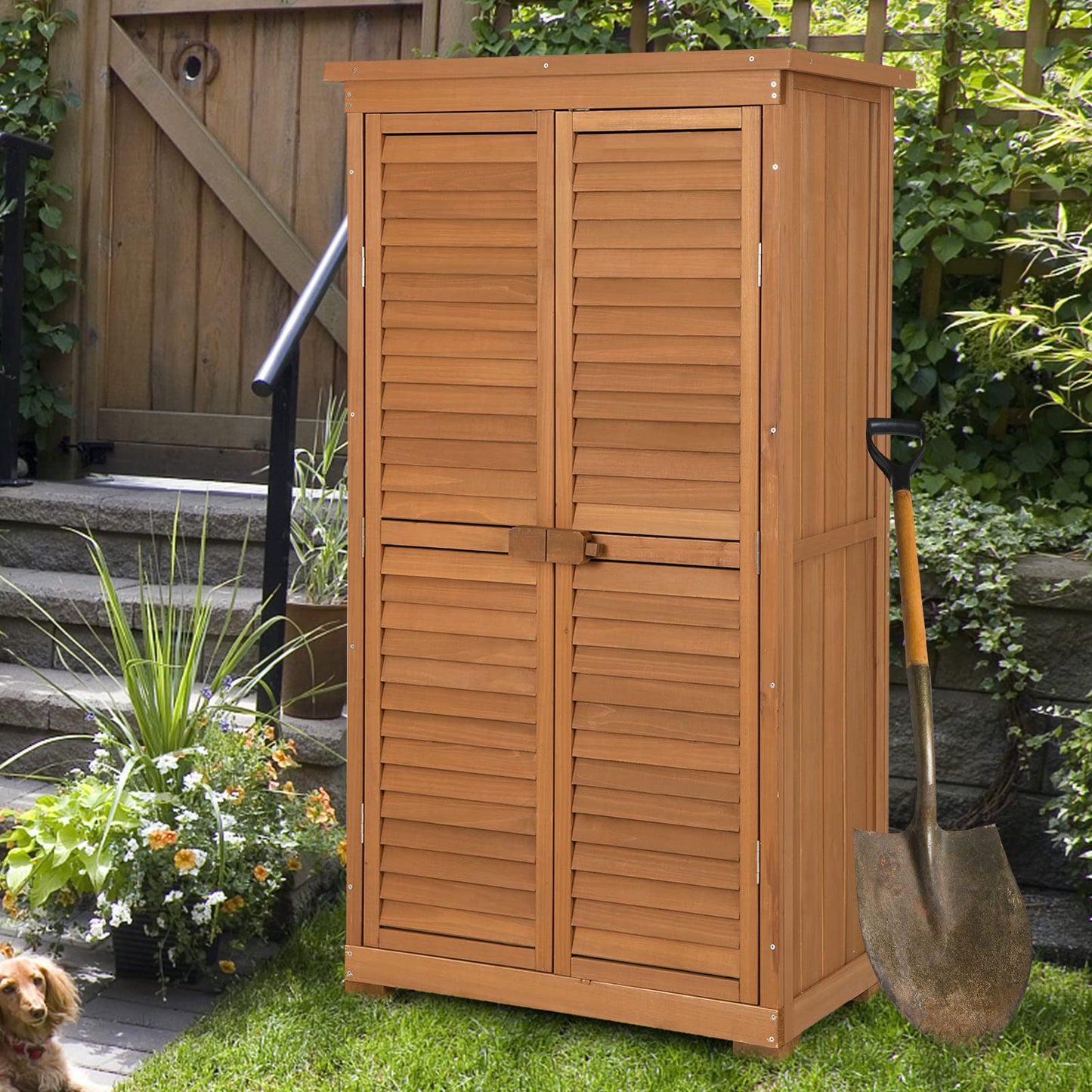 Goplus Outdoor Storage Cabinet, 63" Wood Garden Tool Shed with Double Lockable Doors, 3 Shelves and Asphalt Roof, Multipurpose Storage Shed for Patio Lawn Garden Yard, Natural