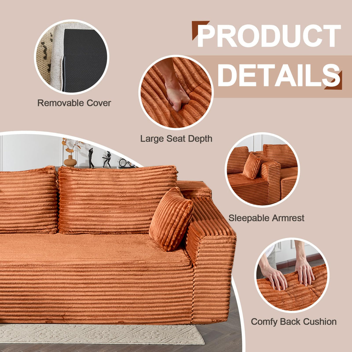 110" Modular Sectional Sofa with L-Shape Chaise, Boneless Cloud Couch with Deep Seat, Sponge Compression Sofas No Assembly Required, Upholstered Couches for Living Room Bedroom, Corduroy (Brown) ETCZOYE