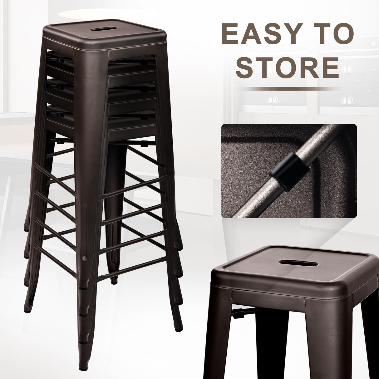 Elevon 30 Inches Metal Bar Stools, High Backless Stools, Indoor Outdoor Stackable Kitchen Stools, Set of 4, Gun Elevon