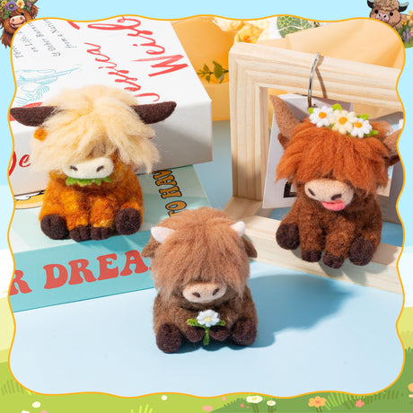 WATINC Highland Cow Needle Felting Kit - Set of 3 Different Highland Cow Doll Wool Felt Needle Felting Tools Foam Pad, DIY Home Decoration Needle Felting Craft Party Supplies for Beginners WATINC