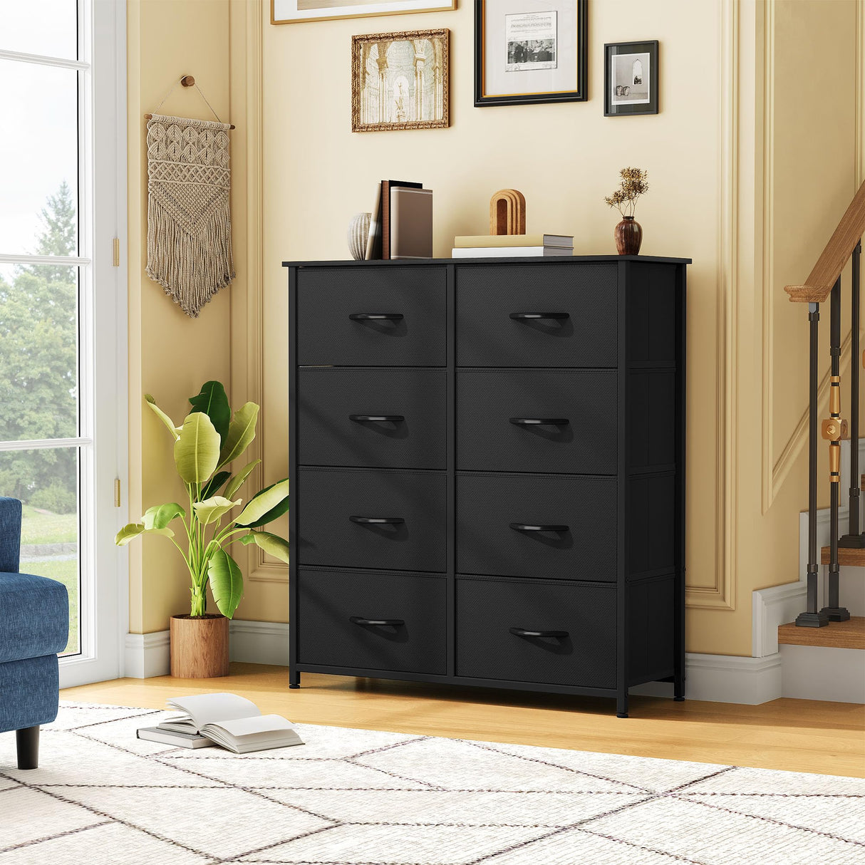 DWVO Fabric Dresser for Room, Tall Storage 8 Drawers, Black Dresser & Chest of Drawers, Storage Drawer Organizer for Closet, Living Room DWVO