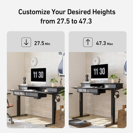 FEZIBO 48 x 24 Electric Standing Desk Adjustable Height with 4 Drawers, Sit Stand Desk with Storage Shelf, Rising Desk with Splice Board, Black Frame/Rustic Brown Top, 48 inch FEZIBO