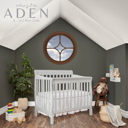 Dream On Me Aden 4-in-1 Convertible Mini Crib In Grey, Greenguard Gold Certified, Non-Toxic Finish, New Zealand Pinewood, With 3 Mattress Height Settings - WoodArtSupply