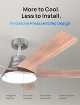 Dreo Ceiling Fans with Lights and Remote, 52 Inch, 6 Speeds, 5 Color Tones Dimmable LED, Quiet Reversible DC Motor, 8H Timer, Silver Ceiling Fan for Bedroom, Living Room, Easy to Install Dreo