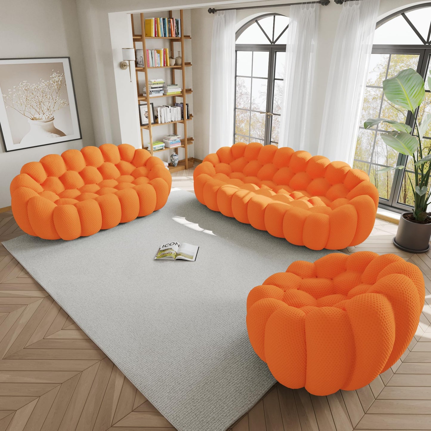 WJShome Bubble Loveseat Sofa,78.74'' Modern Upholstered Sofa, 2 Seater Mesh Fabric Love Seat Floor Sofa, 3D Honeycomb Shape Curved Couch for Living Room, Office, Apartment (Orange)