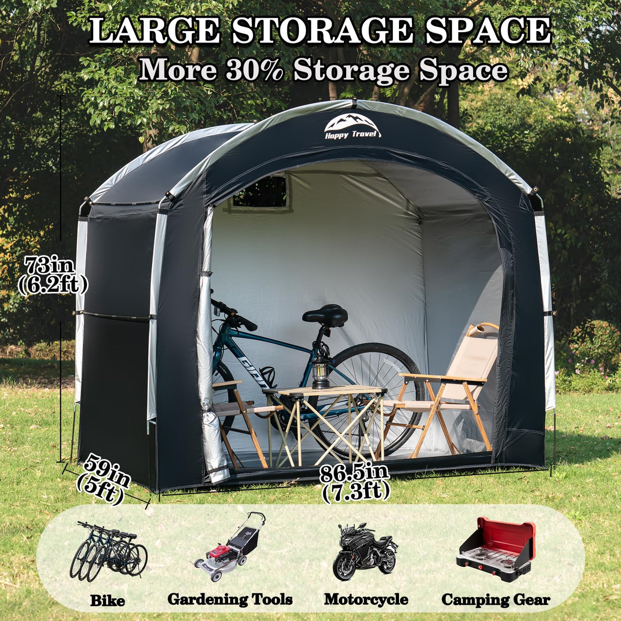Happy Travel Bike Storage Shed Tent,Outdoor Portable Bicycle Storage Sheds with 210D Oxford Fabric PU4000 Waterproof for 2/3/4/6/8 Bikes,Bike Covers Shelter for Motorcycle,Garden Tools,Toys,Lawn Mower HAPPY TRAVEL