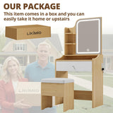 LIKIMIO Small Makeup Vanity Desk with Mirror and Lights, Vanity Table Set with Storage Drawer, Chair and Three Shelves, Bedroom, Wood LIKIMIO