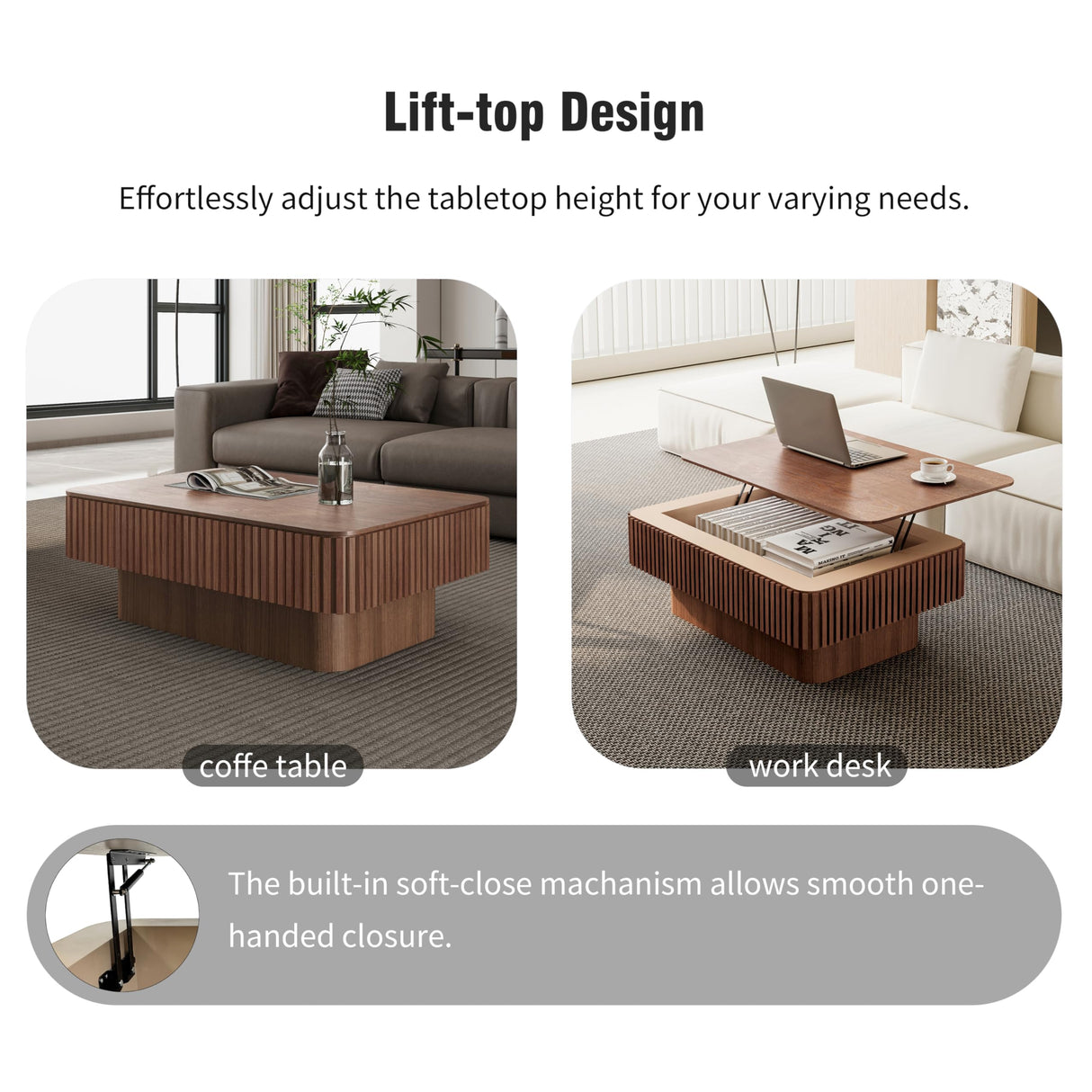 Lift Top Coffee Table with Storage for Living Room Mid Century Modern Coffee Table with Lifting Top Wood Fluted Coffee Tables with Lifts Up Tabletop for Home Apartment Office 38.6" Walnut Rectangle SPMETUYO