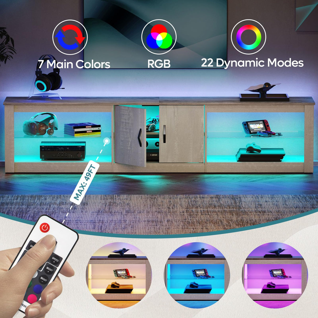 Bestier 80 Inch TV Stand for 65/75/85 inch TVs, Modern LED Entertainment Center with Storage Cabinet, Adjustable Glass Shelves ＆ Cable Management, Gaming TV Console Table for Living Room, Wash White Bestier