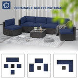 SUNCROWN 7-Piece Outdoor Patio Furniture Sofa Set All-Weather Wicker Sectional Conversation Set with Modern Glass Coffee Table and Cushions-Dark Blue SUNCROWN