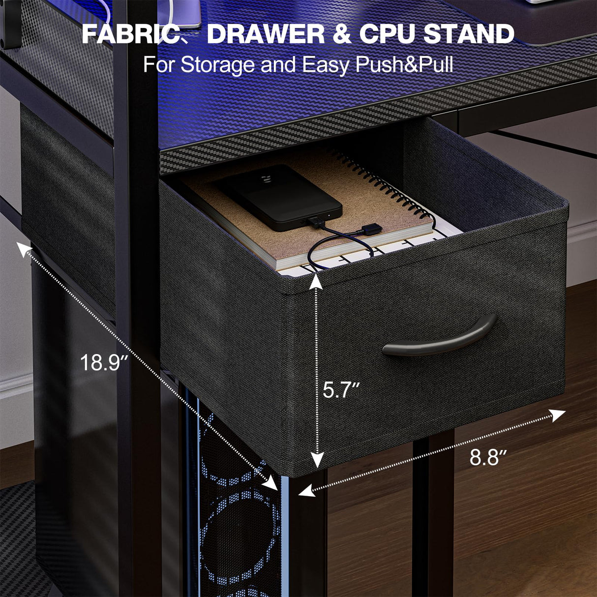 Grandder Gaming Desk 47 Inch with Power Outlet and LED Light, Computer Desk with Reversible Shelves and Storage Drawer, Pc Small Desk for Home Office Table with Bag, Carbon Fiber Black Grandder