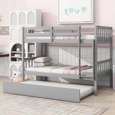 DNChuan Twin Over Twin Bunk Bed with Trundle,Triple Bunk Bed Convertible Into 3 Platform Beds,3-in-1 Beds with Headboard and Footboard,Wooden Frame for Kids Adults-Gray