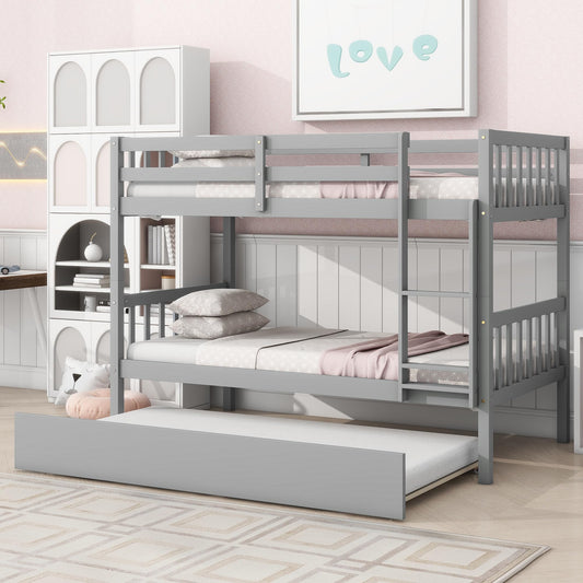 WIILAYOK Twin Over Twin Bunk Bed with Trundle, Convertible to 2 Twin Size Platform Bed, Twin Size Bunk Bed with Ladder and Safety Rails for Kids, Teens, Adults, Grey