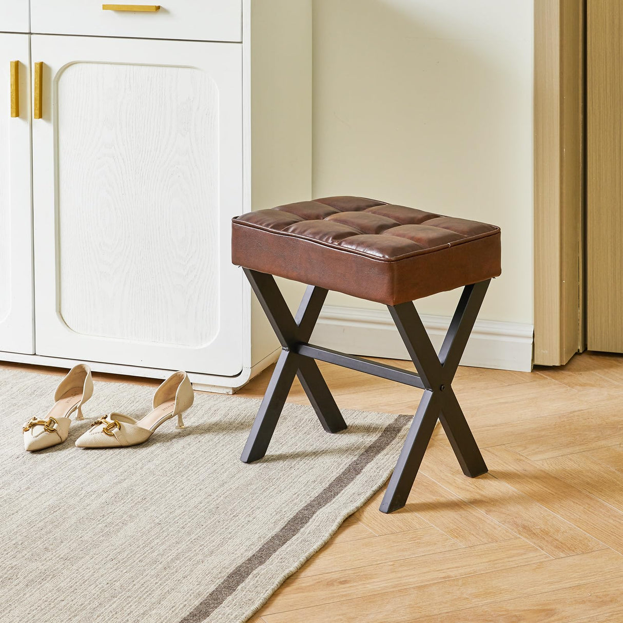 IBUYKE Square Makeup Stool with X-Leg Foot Rest, PU Footrest Stool, Ottoman Seat Vanity Stool, Multi-Use as Small Side Table, for Bedroom, Living Room, Dark Brown LG-71Z IBUYKE