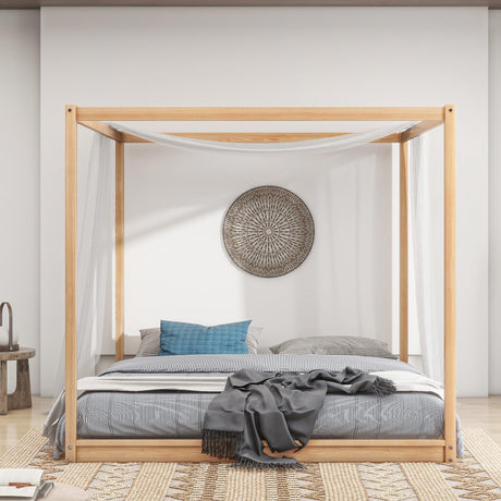 Harper & Bright Designs King Canopy Bed Wood 4 Poster Panel Beds, Floor Bed Frame King with Solid Wood Slat Support, King Size Platform Bed for Kids Teens Adults, No Box Spring Needed, Natural Harper & Bright Designs
