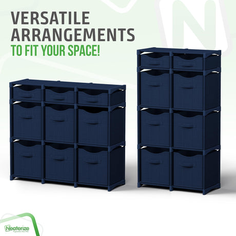 9 Cube Distressed Organizer with Drawers - Easy Assemble - Baby, Kids Dorm Room Organizer (Navy) NEATERIZE