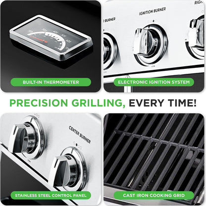 NutriChef Heavy-Duty 5-Burner Propane Gas Grill - Stainless Steel Grill, 4 Main Burner with 1 side burner, 52,000 BTU Grilling Capacity, Electronic Ignition System, Built-in Thermometer - NCGRIL2