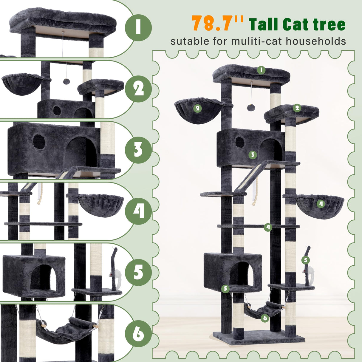 Gitelsnour Cat Tree for Large Cats, 78.7"(200cm) Tall Cat Tower for Indoor Cats Multiple Cats with Large Top Perch, Cat Condo, Cat Hammcok, Cat Scratching Post, Dark Gray GCT031G Gitelsnour