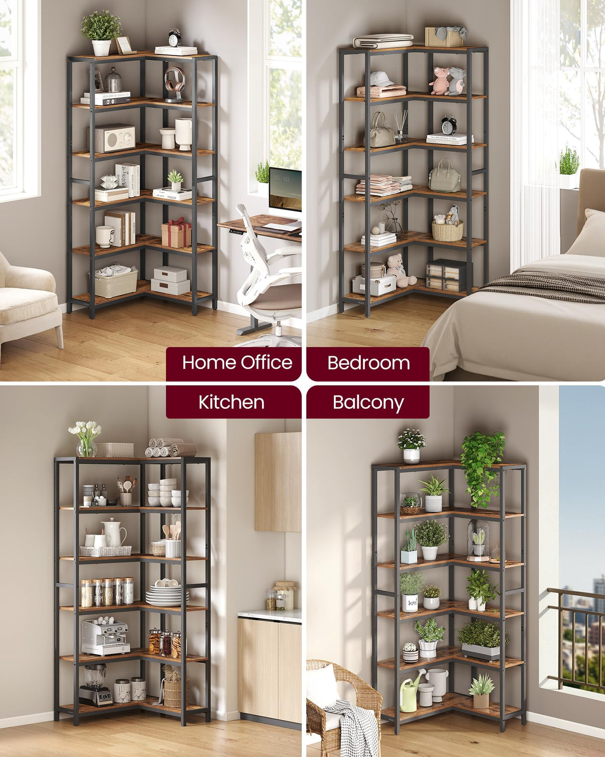 VASAGLE 6 Tier Bookshelf with Metal Frame, Convertible Industrial Corner Shelf, 9.4 x 40.2 x 69 Inches, for Living Room, Bedroom, Home Office, Rustic Brown and Ink Black ULLS606K01 VASAGLE