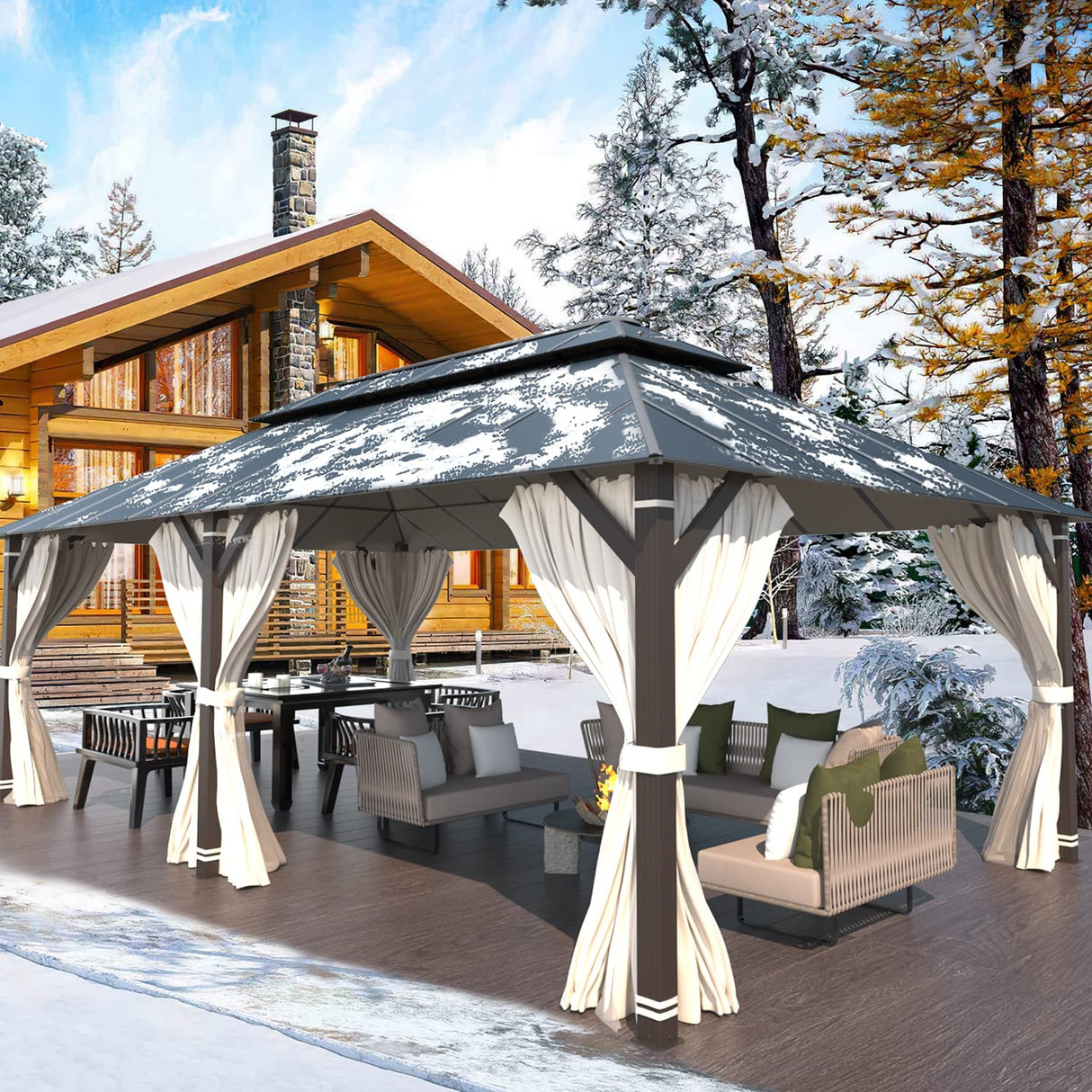 EROMMY 12' x 20' Gazebo Outdoor Double Roof Aluminum Composite Canopy Aluminum Frame Pavilion with Curtains and Netting for Patio Lawn Garden Backyard EROMMY