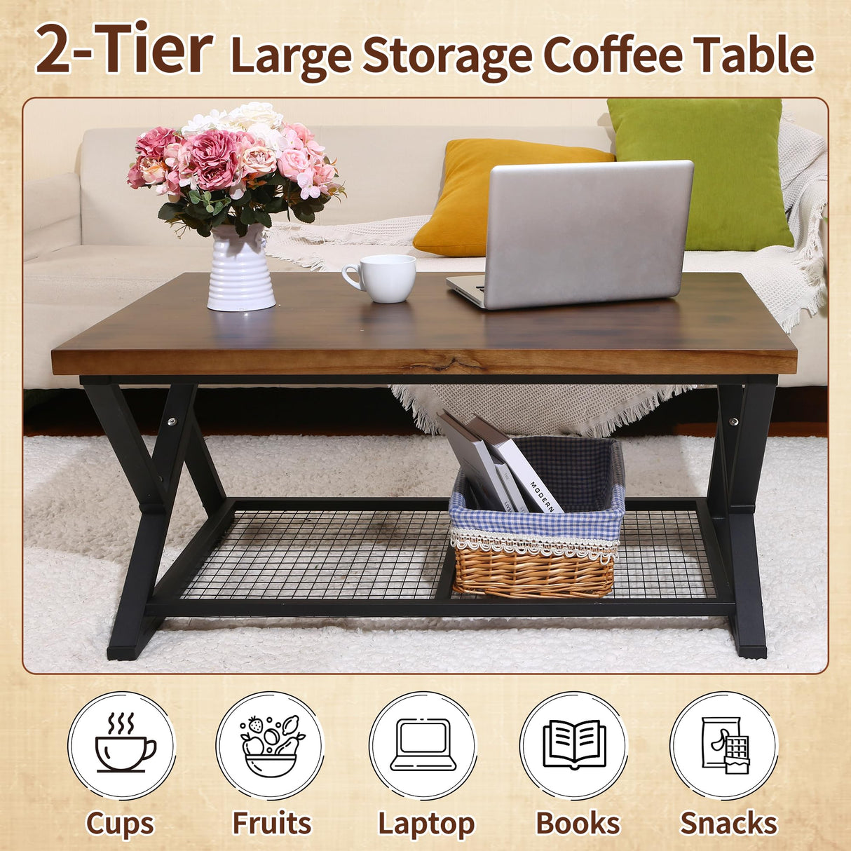 EASYSOUL Solid Wood Coffee Tables for Living Room, Farmhouse Coffee Table with Storage Shelf, 2-Tier Rustic Mid Century Coffee Table, 47.24 Inch Rectangle Center Table (Brow, 47.24") EASYSOUL