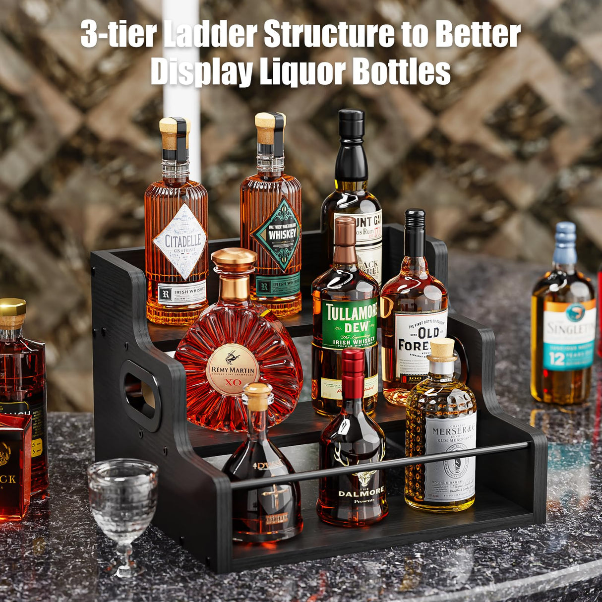 KLM Liquor Bottle Display Shelf, Coffee Syrup Rack Organizer, 3 Step Countertop Liquor Wine Rack, Mini bar,Liquor Cabinet, Home Retro Bar Shelf Stand for Liquor Whiskey, Spirits（Black） KLM