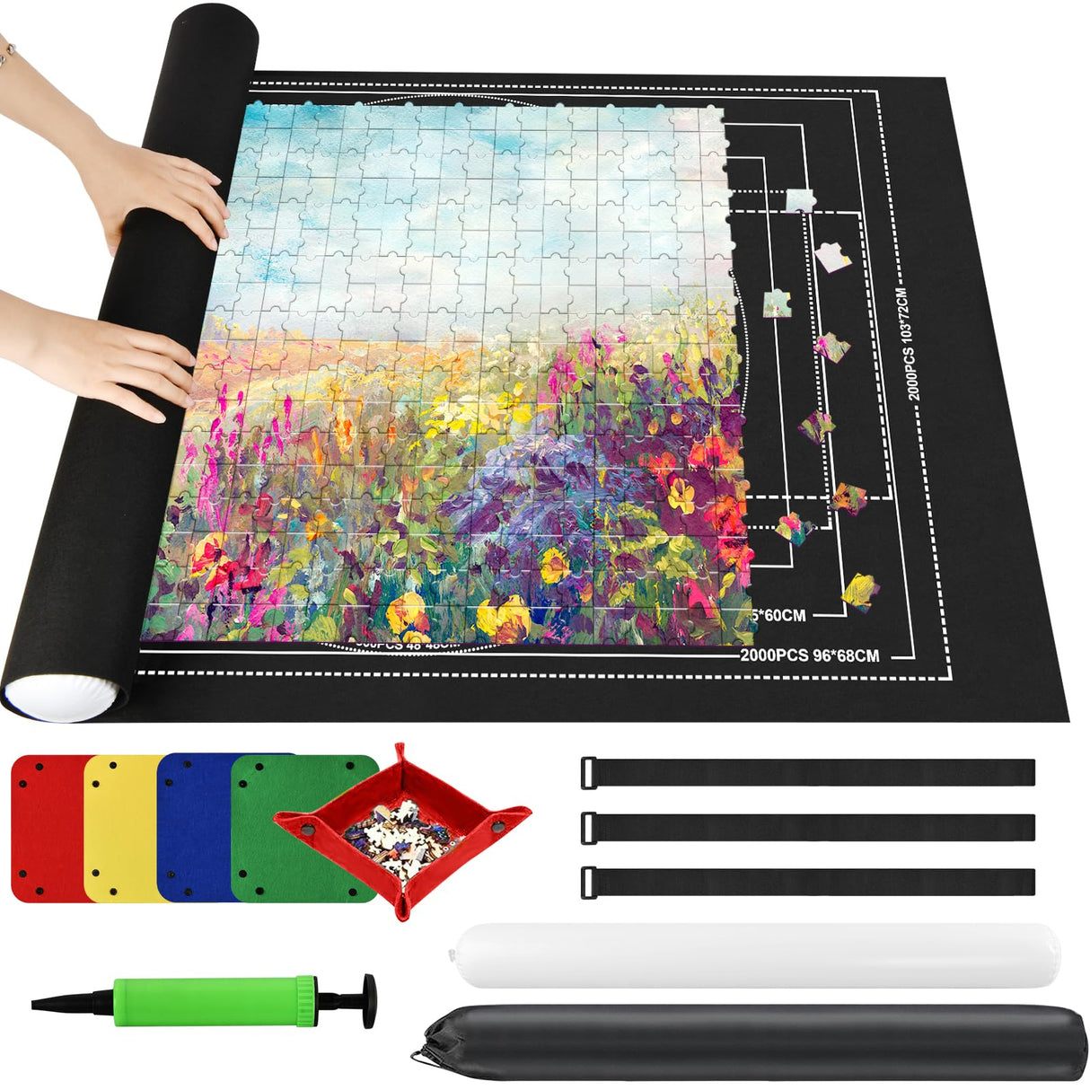 Ainiv Jigsaw Puzzle Mat Roll Up 2000 Pieces, 47” x 31.5” Portable Felt Puzzles Board with 4 Sorting Trays & Travel Storage Bag, Jigsaw Saver Pad Keeper for Adults Teens, Black Ainiv