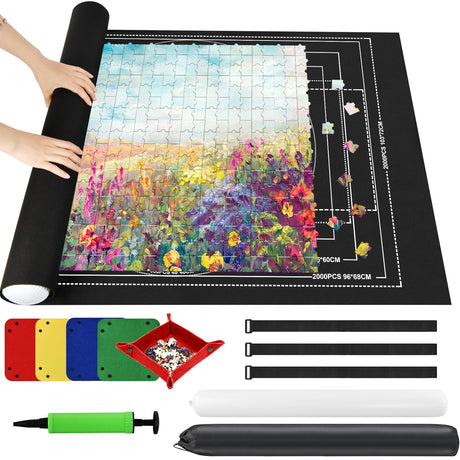 Ainiv Jigsaw Puzzle Mat Roll Up 2000 Pieces, 47” x 31.5” Portable Felt Puzzles Board with 4 Sorting Trays & Travel Storage Bag, Jigsaw Saver Pad Keeper for Adults Teens, Black Ainiv