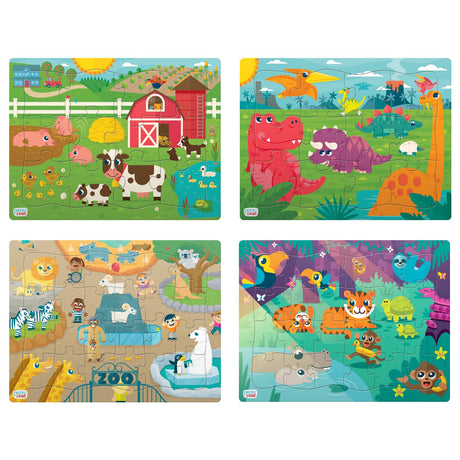Chuckle & Roar - 4 Pack Tray Puzzles - Farm, Dinosaurs, Jungle, and Zoo - Larger Pieces Designed for Preschool Hands - 12 & 24 PC Tray Puzzles Chuckle & Roar