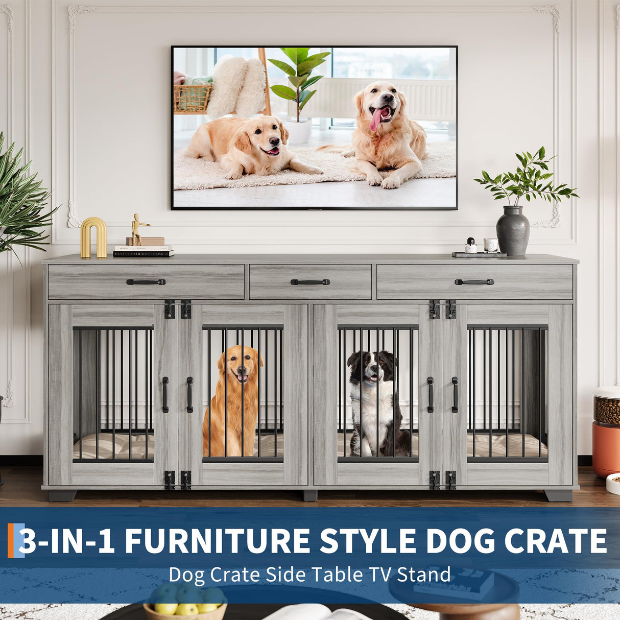 Garvee 71" Double Dog Crate Furniture, Heavy Duty Dog Kennel Indoor with 3 Storage Drawers & Divider, Decorative Side Table Pet Cage for Small & Medium Breeds, Grey Oak Garvee